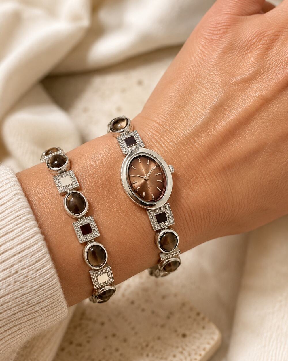 Brown Cat Eye Cabochon Quartz Bracelet Watch Matching Jewelry Set Silver Tone